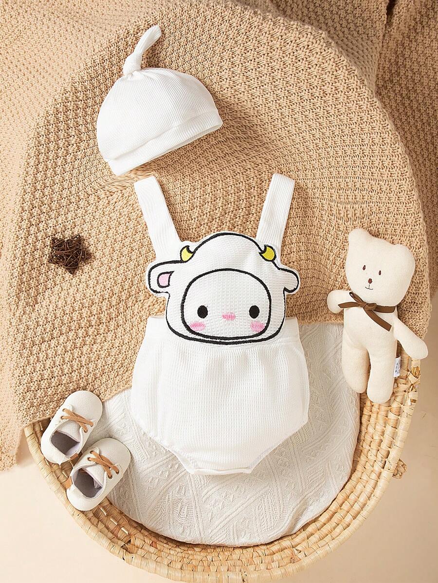 SHEIN 男女通用婴儿黄鸭刺绣装饰连体衣，可爱舒适的休闲夏季服装 - 白色 - 查看 1