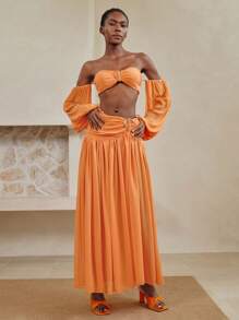 Arave 雪纺纯色抹胸式文胸背心搭配荷叶边裙，性感夏季海滩度假装女式两件套