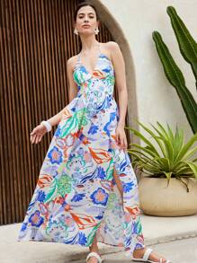 SHEIN LUNE Casual Holiday Beach Ditsy Floral Spaghetti Strap Slit Dress - Multicolor - View 3