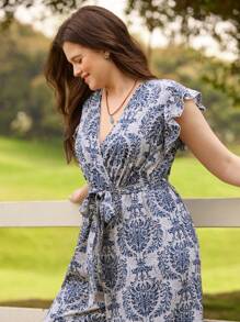 LanaWest 大码女式 V 领荷叶边碎花宽松连体裤，优雅时尚女式长款夏季连衣裙，清凉装束，缓解压力，晚礼服，圣帕特里克节，波西米亚风节日，春假