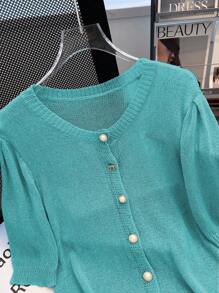 SHEIN LUNE Women's Fashionable Crew Neck Balloon Sleeve Knit Sweater, Age-Reducing Style - Green - View 5