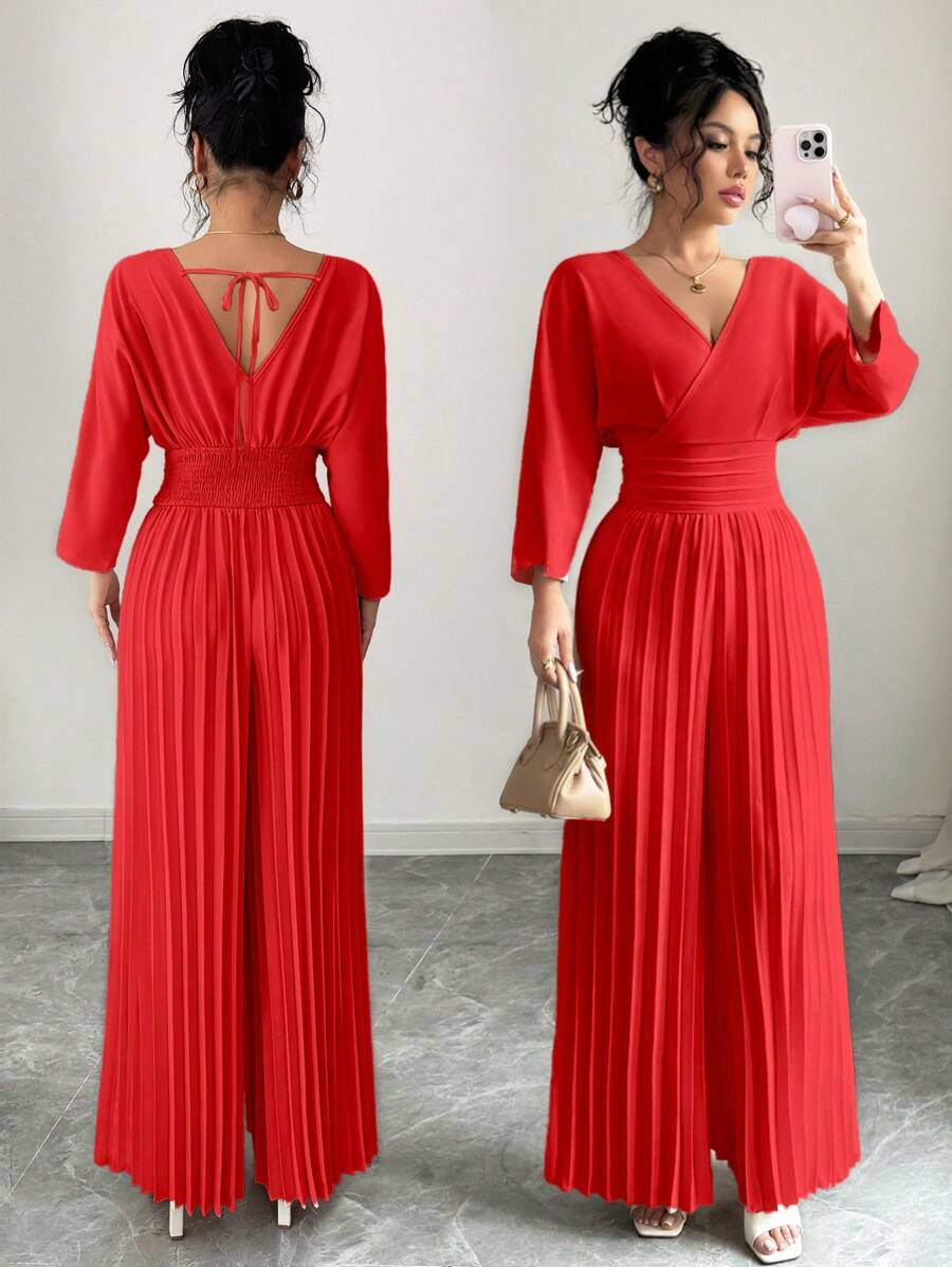 Rafferiza 女士纯色长袖连体裤，夏季时尚 - 紅色 - 查看 1