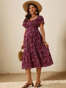 SHEIN Maternity Casual Fully Allover Print Ruffle Hem Dress - Burgundy - View 4