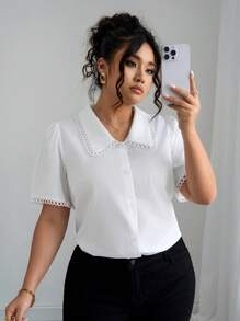 Elenzga 加大码女式优雅白色衬衫，商务休闲衬衫，彼得潘领和蕾丝花边