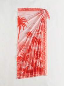 SHEIN Swim 1pc Women's Coconut Tree Mesh Maxi Dress With Belted Waist, Tropical Boho Casual Beach Wear - Orange - View 3