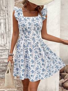 Breezaya Women's Ruffle Strap Full Print Tie Back Dress Vacation Beach Outfit