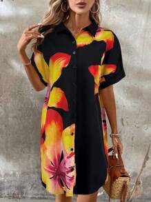 SHEIN LUNE Women Floral Printed Front Open Collar Short Sleeve Mini Dress, Spring/Summer - Black - View 3