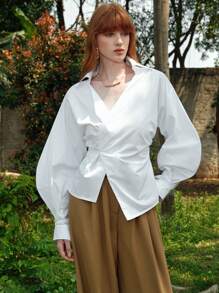 EMERY ROSE Women's Cotton Shirt Solid Color Waist Long Sleeve Blouse, Fashionable For Summer, Solid Color Cinching Waist Button Down Collared Long Sleeve Shirt, Casual Solid Color Drop Shoulder Loose Blouse,Draping Blouse,Lantern Sleeve Cotton Shirt,Summer Tops,Long Sleeve Top,Festival,Country Concert,Bohemia,Boho - White - View 9