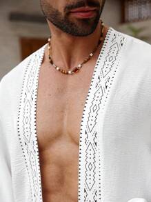 Manfinity RSRT Plus Size Men Casual Geometric Print Tassel Hem Long Sleeve Maxi Shirt, Vacation Style