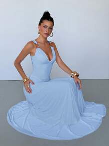 Aloruh 女士优雅深 V 形吊带连衣裙，金属装饰，A 字廓形，适合约会、派对、婚礼、毕业典礼 - 淺藍色 - 查看 7