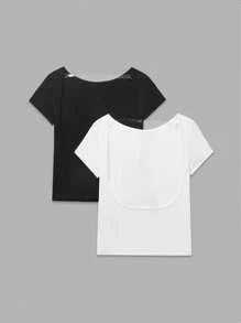 SHEIN BASICS 2pcs/Set Solid Color Knit Backless Fitted Women T-Shirts - Black and White - View 4