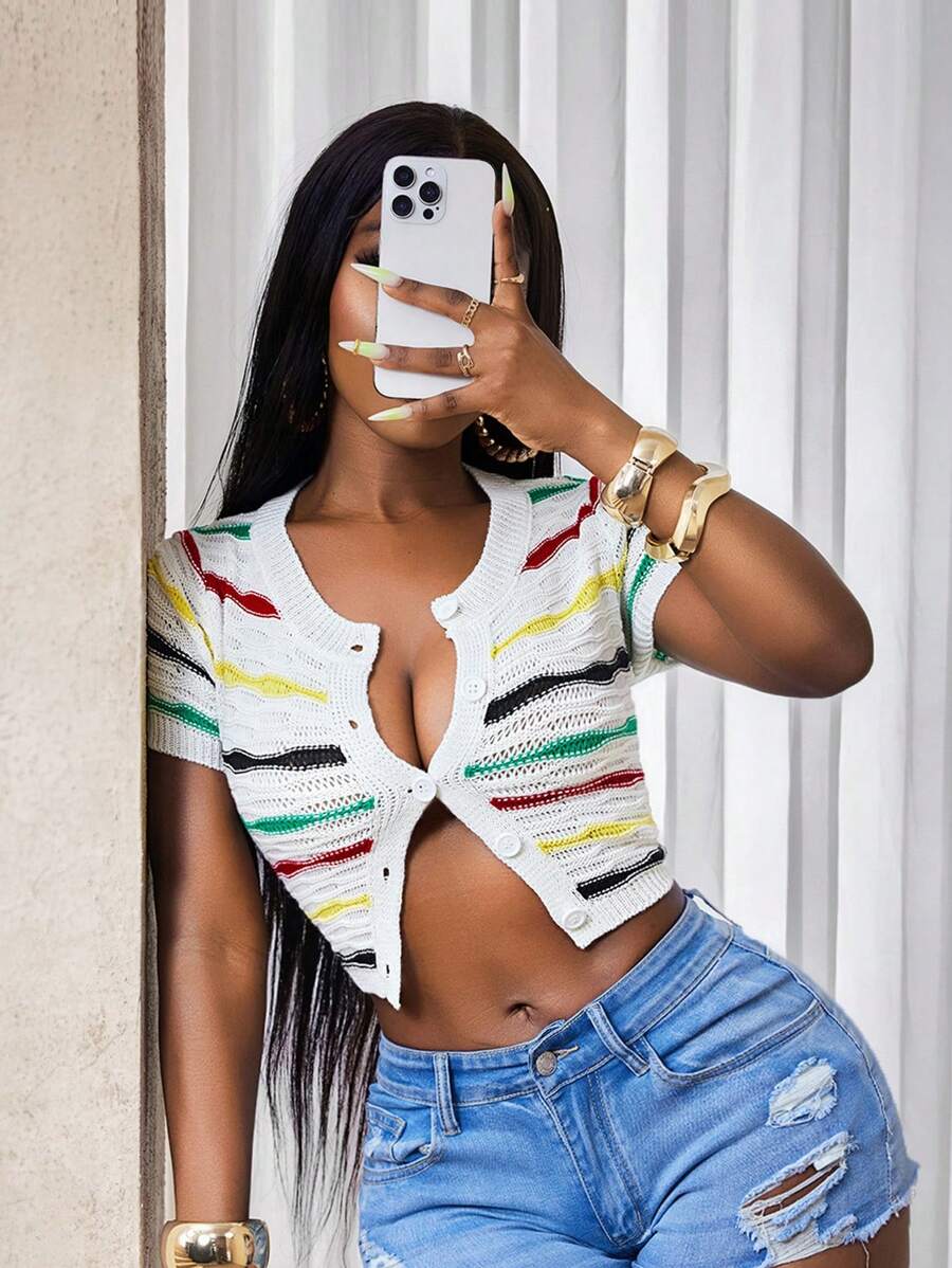 BamGleam Women's Short Sleeve Single-Breasted Striped Cropped Cardigan, Lightweight, Multi-Color - White - View 1