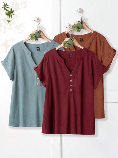 EMERY ROSE Camiseta con botón delantero de manga enrollada con botón