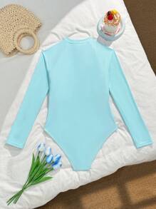 Wildeya Traje de baño de protección solar de manga larga con cremallera de un solo color, elegante para el verano, para adolescentes
