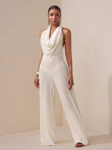 Zivah 2025 春夏新品音乐节、复活节、圣帕特里克节、西部风、游牧风、生日派对、毕业季、学院风、学生风、日常休闲装、百搭百搭、休闲装、度假装、邮轮旅行、海滩装、日光浴装、社交媒体爆红装、街头装、婚礼宾客装、杏色露背系带纹理针织连体裤修身连身裤 - 杏色 - 查看 6