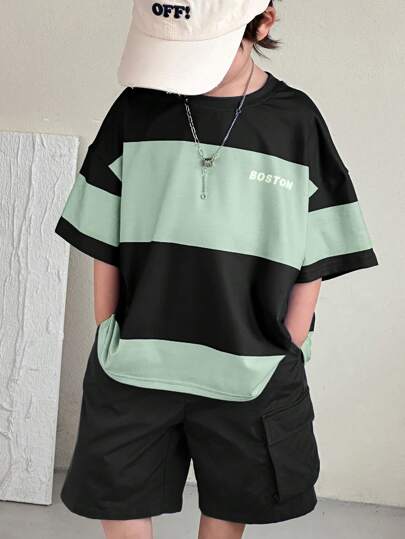 SHEIN 2pcs Young Boys Fashion Casual Versatile Comfortable Boys 2-Piece Set: Contrast Color Patchwork Crew Neck T-Shirt And Loose Cargo Shorts, Suitable For Spring/Summer, Daily Wear, Sports, Outings, School, Parties, Festivals, Photoshoots