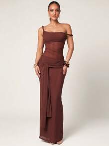 Silquee 女式夏季性感纯色不对称领口连衣裙 - 鏽棕色 - 查看 3