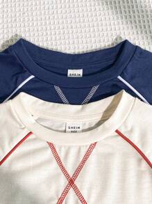 4pcs Young Boys' Two Pieces Casual Contrasting T-Shirt And Work-Contrasting Sports Knitted Shorts Set. Buy One, Get One Free And Get Two Sets. Children's Clothing. Suitable For Home Vacation, Party, School, Vacation And Sports. Suitable For Spring And Summer.