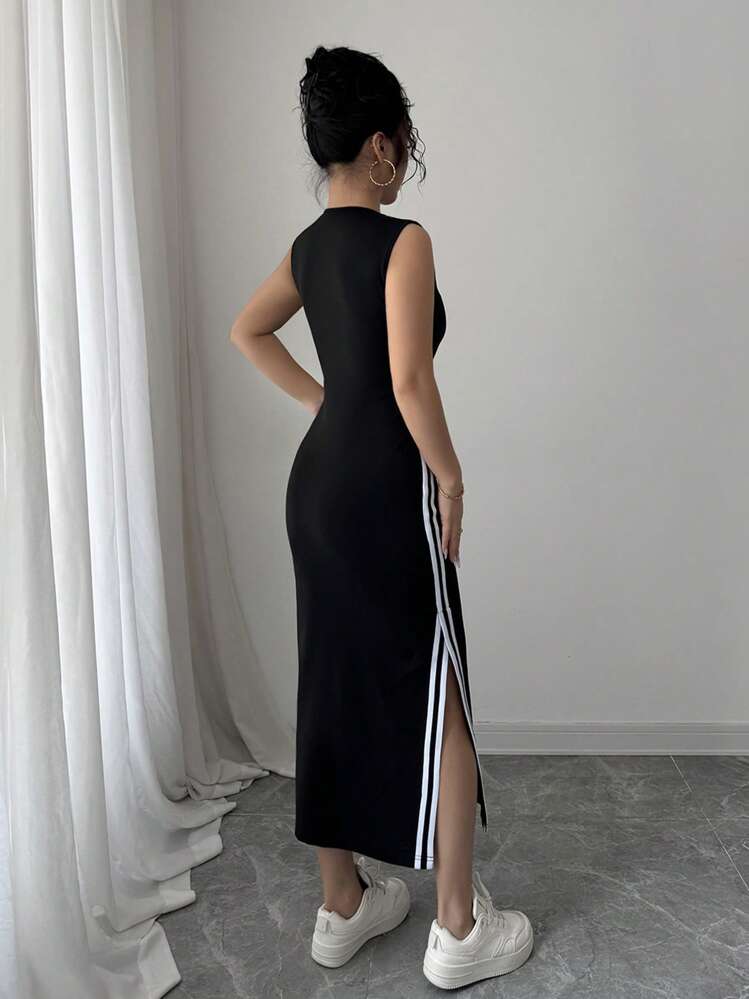 Selianne 女式圆领黑白织带装饰长开衩连衣裙 - 黑色 - 查看 2