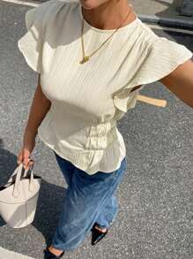 Siren Gaze 女式休闲纯色盖袖收腰衬衫，夏季