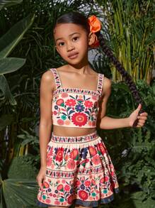 SHEIN 年轻女孩夏季可爱花卉印花细肩带吊带背心和松紧腰裙套装