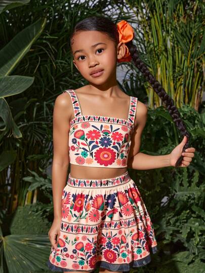 SHEIN 年轻女孩夏季可爱花卉印花细肩带吊带背心和松紧腰裙套装