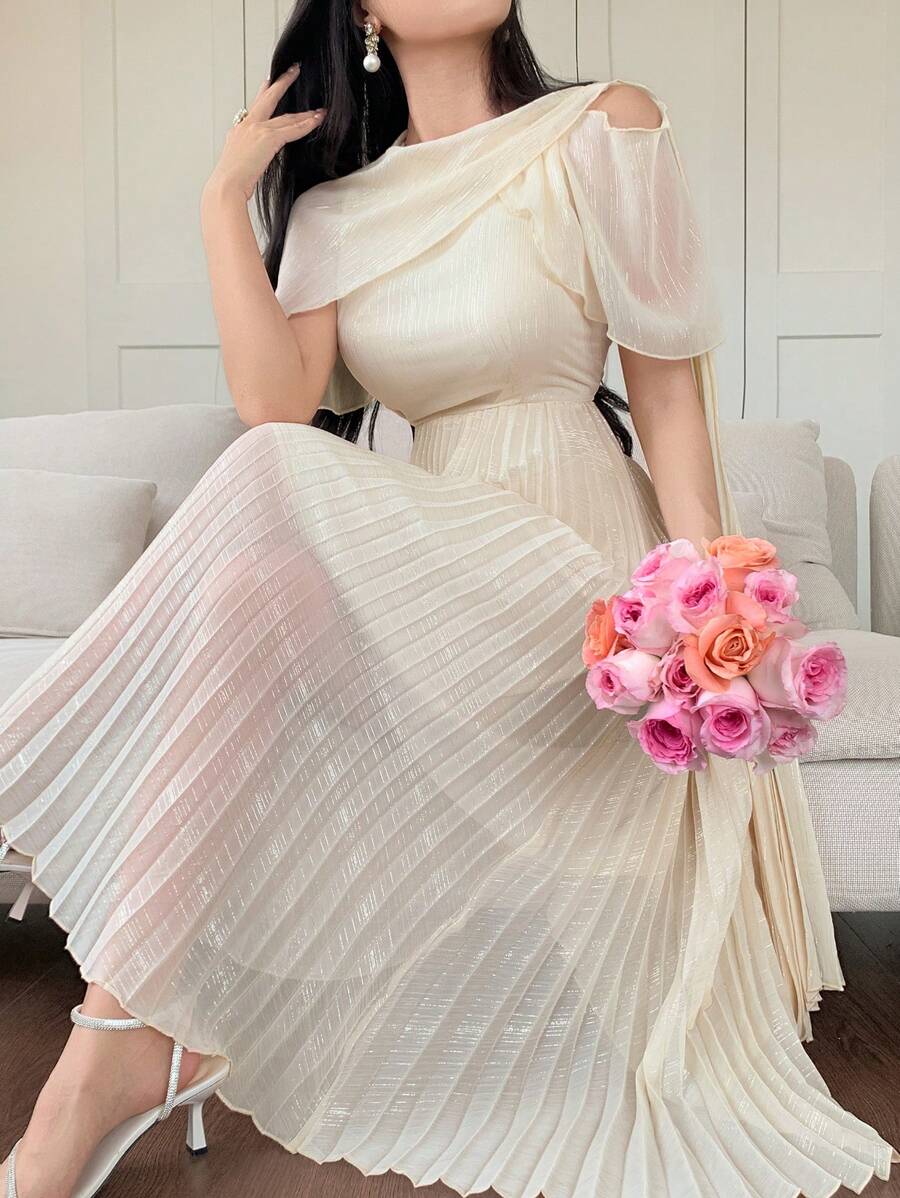 DAZY Women Elegant Solid Color Asymmetric Ruffle Pleated Mid-Calf Dress,Back To School Clothes