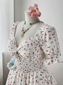 Flirla Plus Size Women's Spring/Summer Square Neck Twisted Chest Short Sleeve Ruched Double Hem Ditsy Floral White Knee-Length Dress - White - View 3