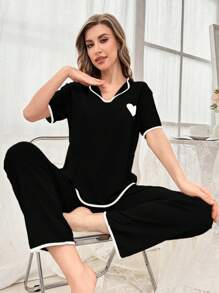 1套女士休闲心形印花睡衣套装