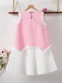 SHEIN Tween Mädchen zwischen 9-12 Jahren Elegantes Farbblock Kleid mit plissiertem Saum für den Sommer - Weiss - Übersicht 9