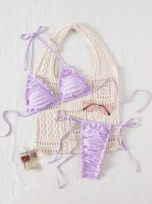 SHEIN Swim Bộ bikini 2 mảnh tam giác hở lưng màu trơn gợi cảm thanh lịch dành cho nữ, thích hợp đi biển, hồ bơi, tiệc tùng, mùa hè - Màu tím - Xem 6
