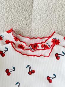 4pcs Baby Girls Spring/Summer Casual Everyday Outfits - Ditsy Floral & Cherry Print Knitted Short Sleeve T-Shirt & Shorts Set, 0-3 Years - Multicolor - View 8