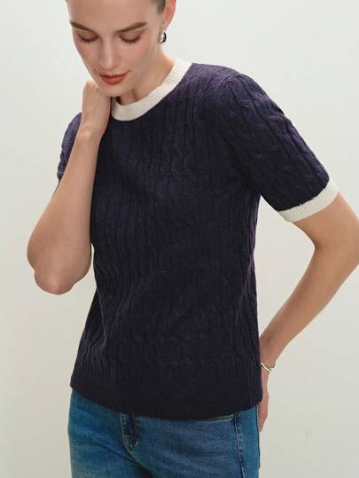 BizChic 2025 年新款夏季女式圆领拼色针织上衣，黑白撞色领口和袖口，商务休闲日常通勤，优雅度假，适合婚礼宾客、乡村音乐会、早午餐、机场、90 年代复古、斯堪的纳维亚、美国独立日