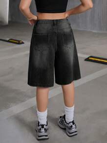 SHEIN 少女 Y2K 2000 年代复古水洗男友宽松休闲牛仔阔腿及膝牛仔裤短款，女孩秋季服装返校街头服饰 - 黑色 - 查看 2