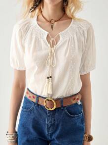 Florisole Chemise à col cordonnet, ajourée, avec broderie