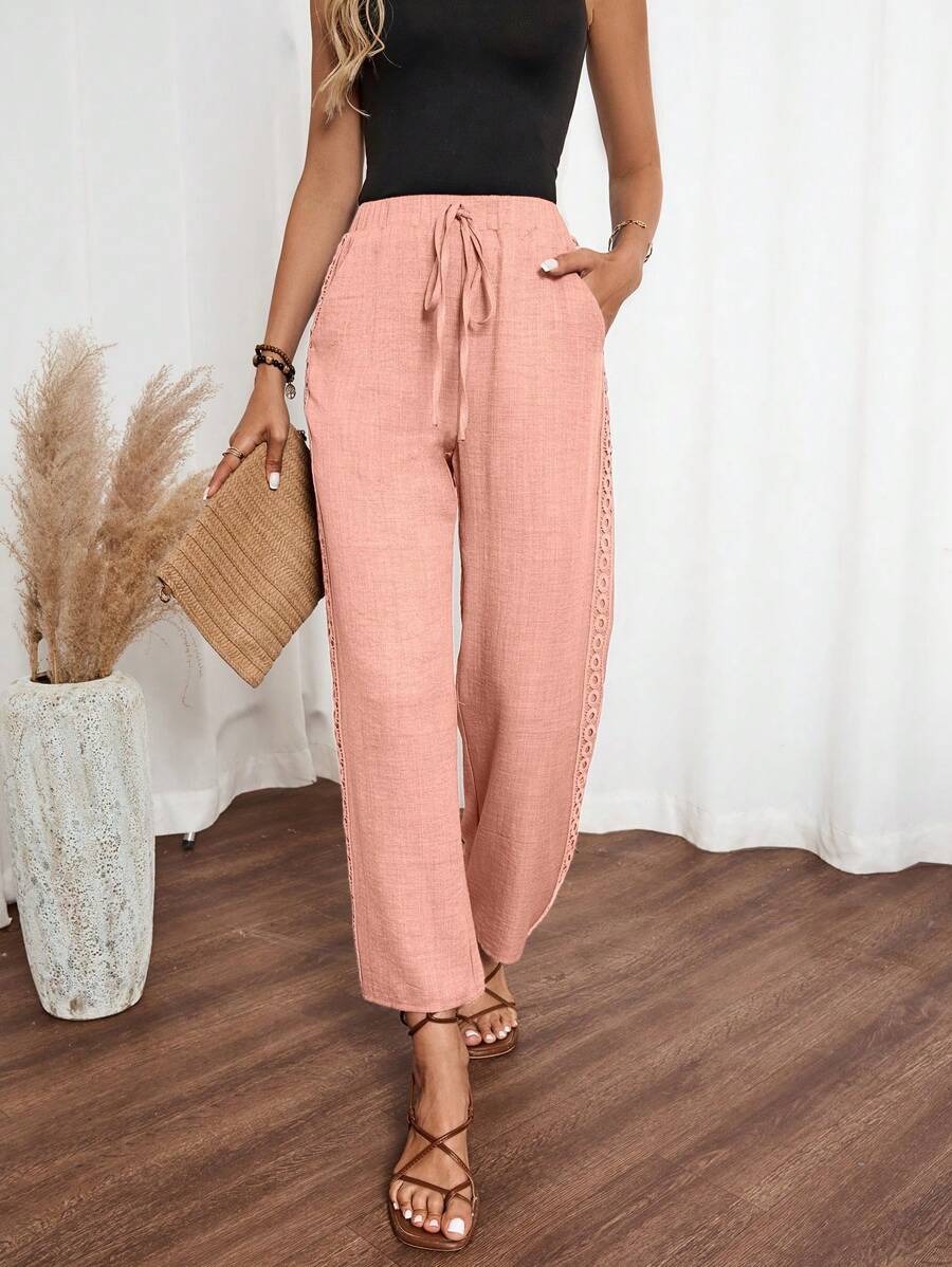 SHEIN LUNE Women Denim Effect Solid Color Pocket Side Ruffle Casual Pants For New Year Clothes - Pink - View 1