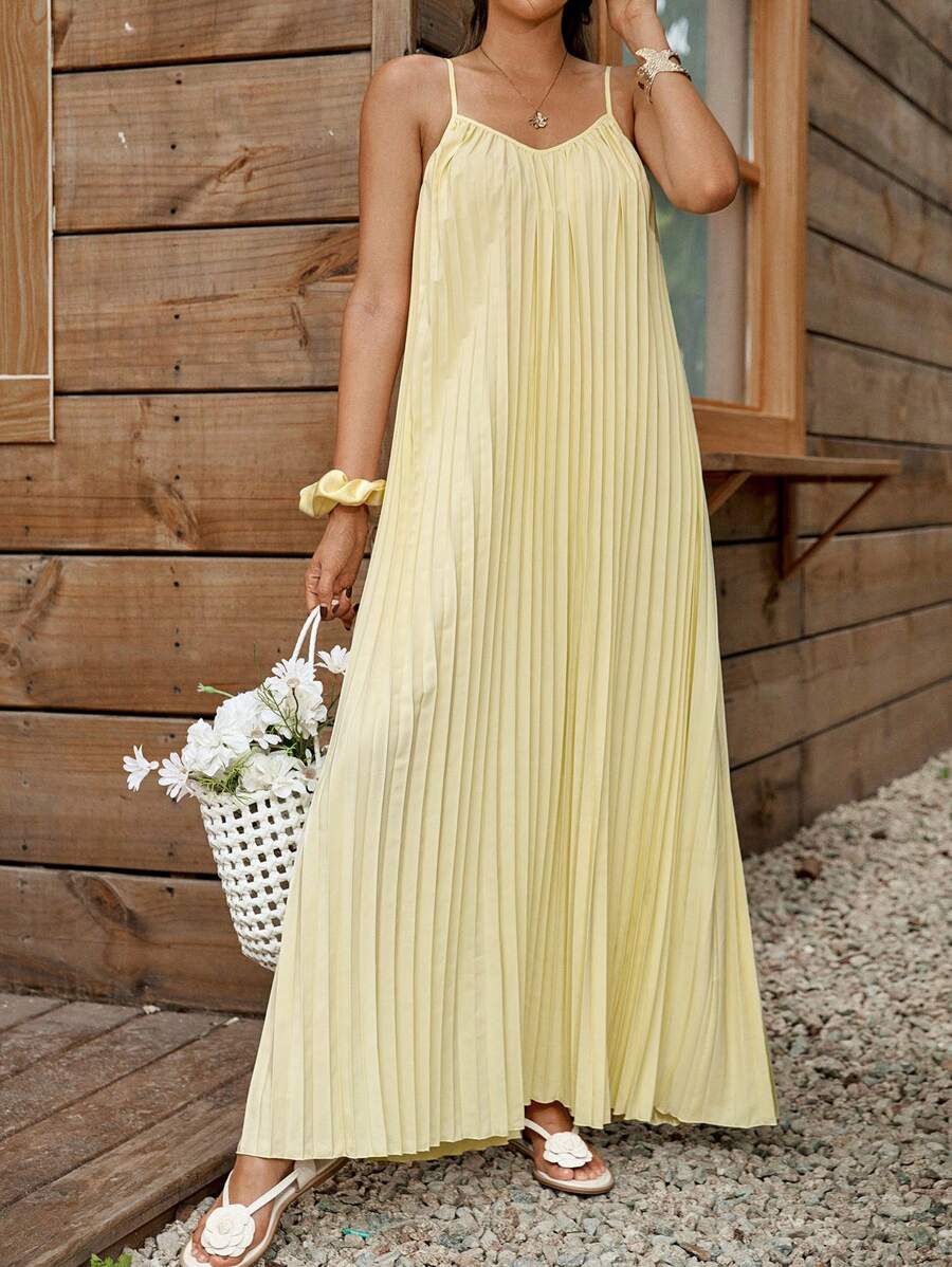 SHEIN LUNE 奶油黄女士夏季度假纯色宽松褶皱吊带连衣裙 黄色正式连衣裙 黄色真丝连衣裙 女士夏季连衣裙 毕业礼服 女士连衣裙 夏季防晒连衣裙 婚礼宾客礼服 - 綠色 - 查看 1