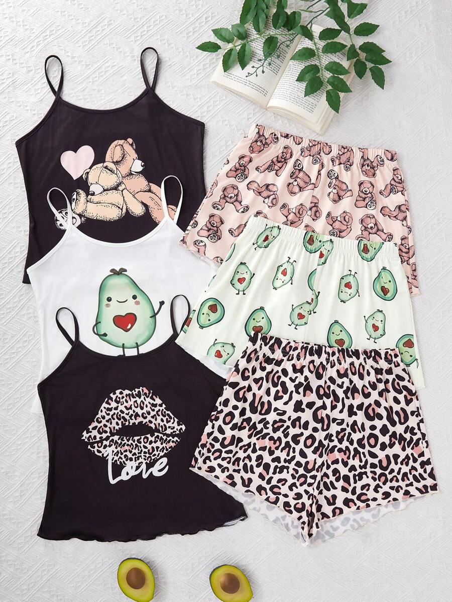 少女可爱图案印花吊带背心和短裤睡衣套装，夏季 - 彩色 - 查看 1