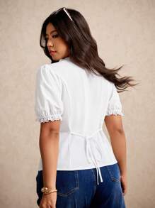 Elaquor Plus Size Elegant Solid Color Lace Ruffled Puff Sleeve Blouse For Summer
