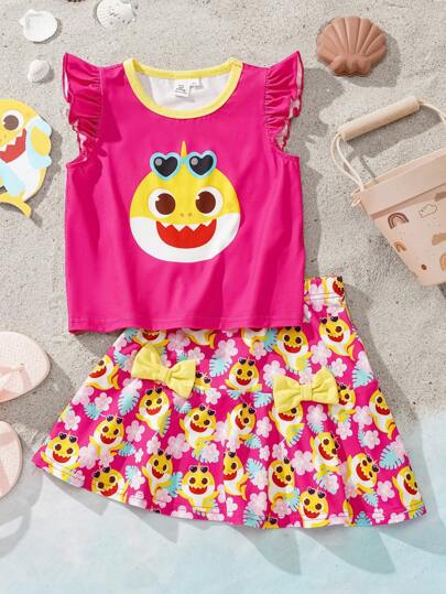 BABY SHARK X SHEIN 年轻女孩卡通黄色太阳镜鲨鱼印花粉色可爱短袖 T 恤和甜美蝴蝶结装饰裙子 2 件套度假套装