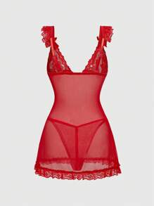 ROMWE Kawaii Romantic Sexy Resort Style Lace & Mesh Panel Dress Suit For Women - Red - View 5