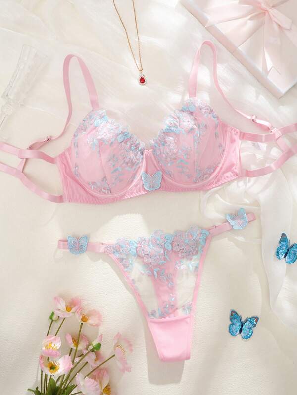 SHEIN 2pcs Plus Size Mesh Embroidery Wireless Lingerie Set