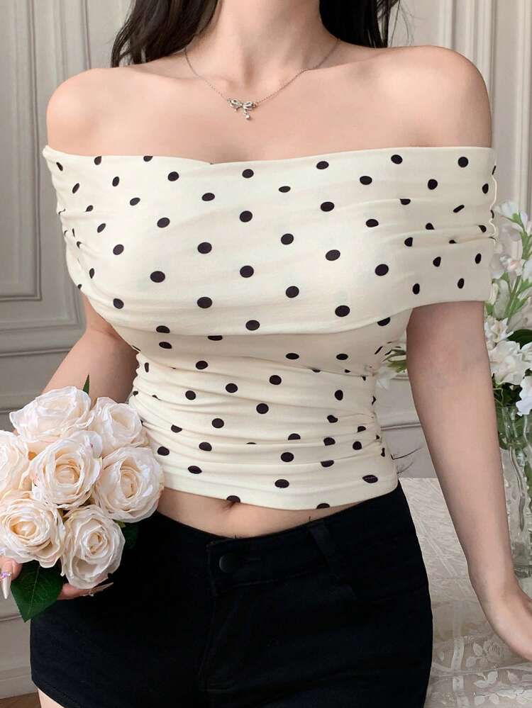 Women's Polka Dot Print Slim-Fit Off Shoulder Tight-Fitting Blouse T-Shirt