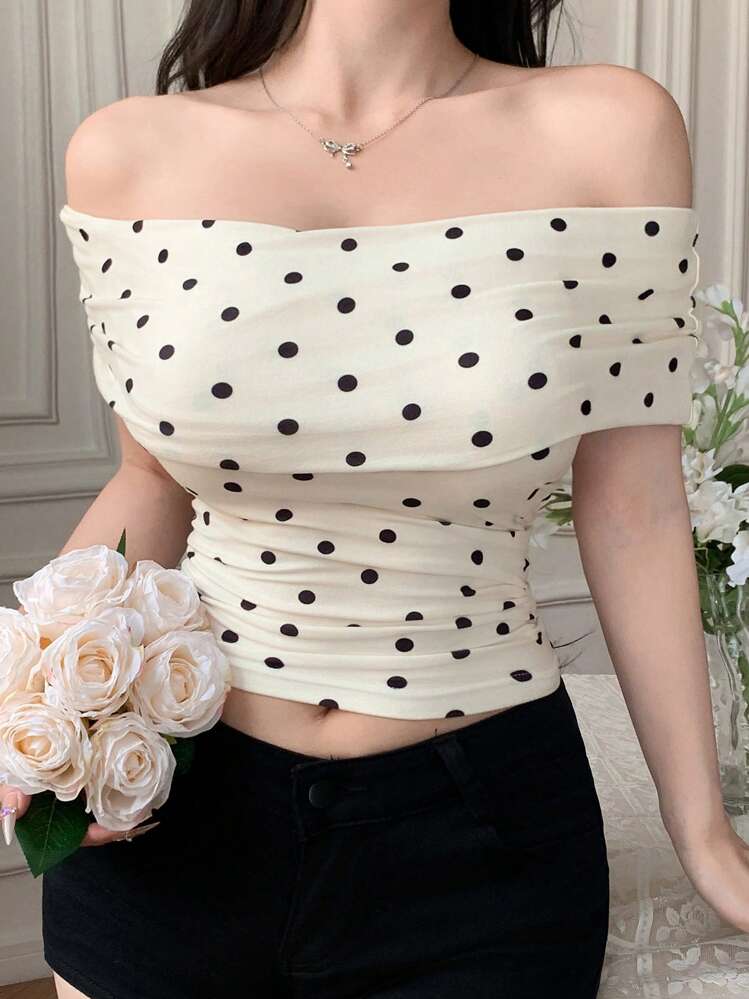 Blusa/Camiseta ajustada de hombros descubiertos con estampado de lunares para mujer - Albaricoque - Añade 6
