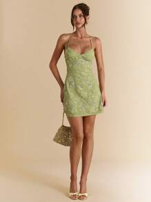 SHEIN BAE 夏季女式露背亮片提花绿色度假迷你连衣裙