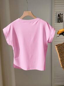 Comfortcana Women Plus Size Plain Short Sleeve T-Shirt, Casual And Minimal For Everyday Wear, Spring/Summer Pink Tshirt Pink Top - Pink - View 2