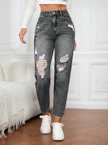 EMERY ROSE 破洞牛仔裤，夏季时尚 - 深灰色 - 查看 4