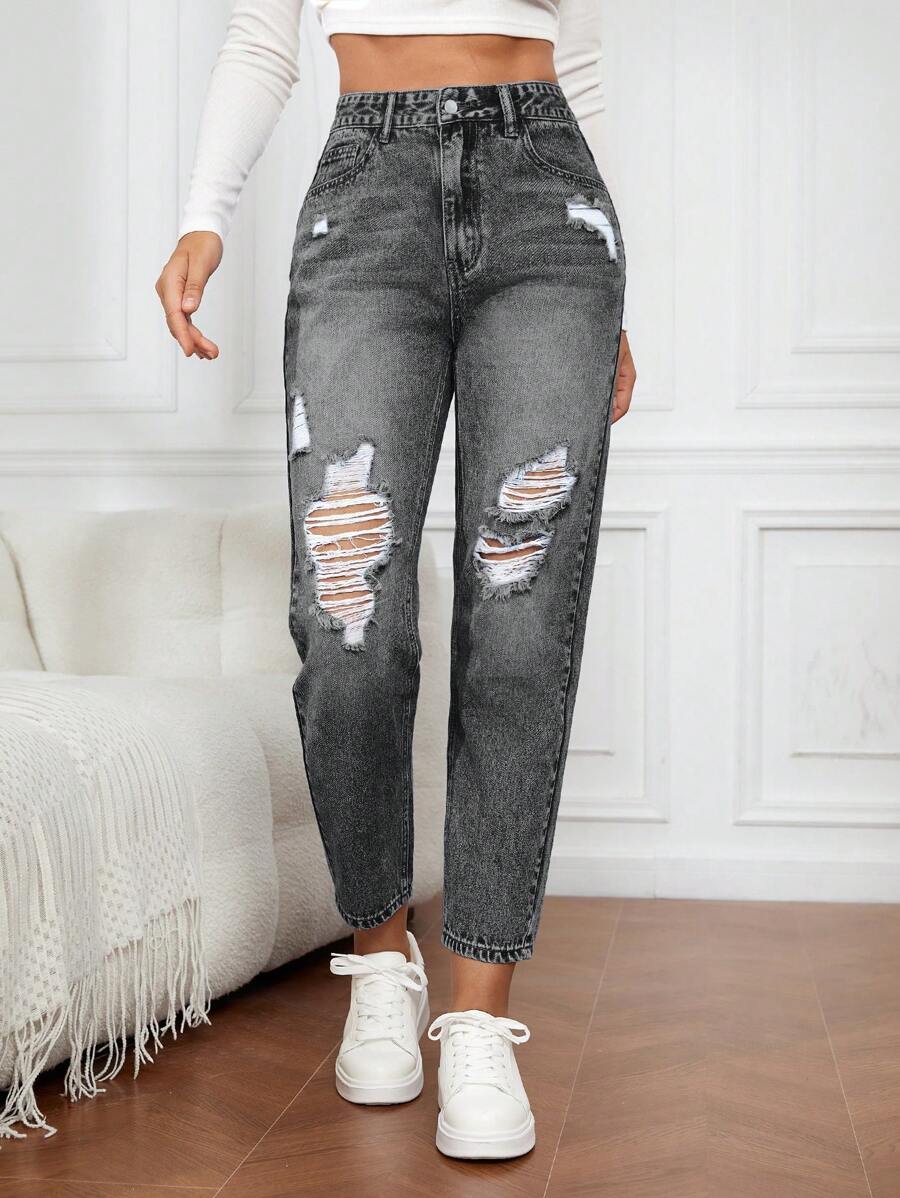 EMERY ROSE Ripped Denim Jeans, Fashion For Summer - Dark Grey - View 1