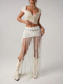 SHEIN ICON Y2k 夏季夏威夷海滩外出波西米亚风透明性感演唱会钩针毛衣西部流苏下摆女式夏日假期镂空针织流苏下摆毛衣裙 - 白色 - 查看 5