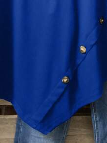 Plus Size Summer Casual Loose Button Decor Asymmetric Hem T-Shirt - Royal Blue - View 5
